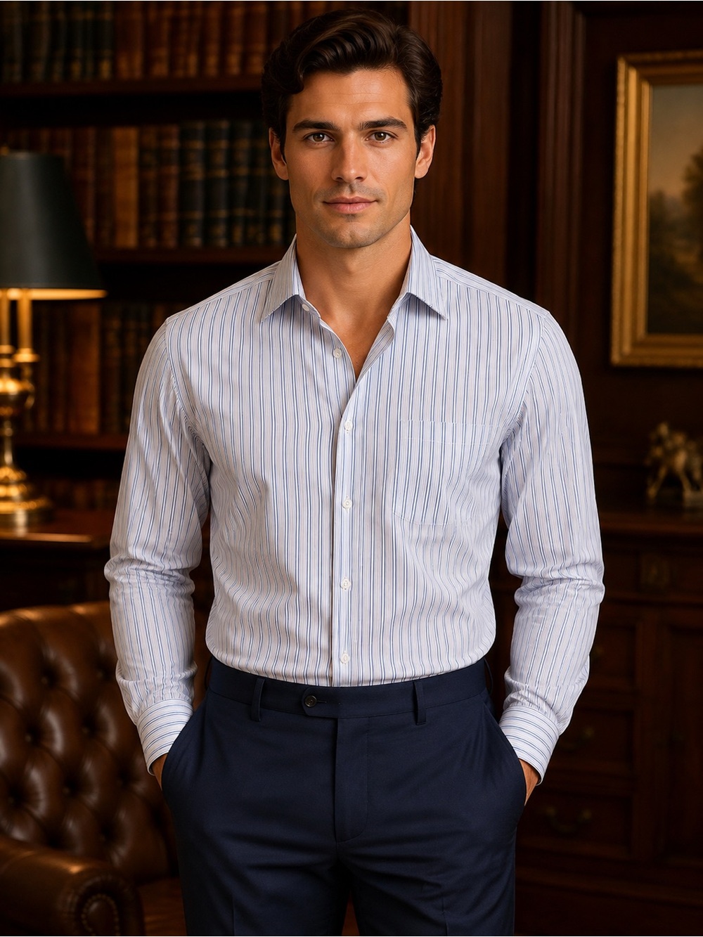 Luciano Barbera White and Blue Vertical Stripe Dress Shirt - Picture 2 of 2